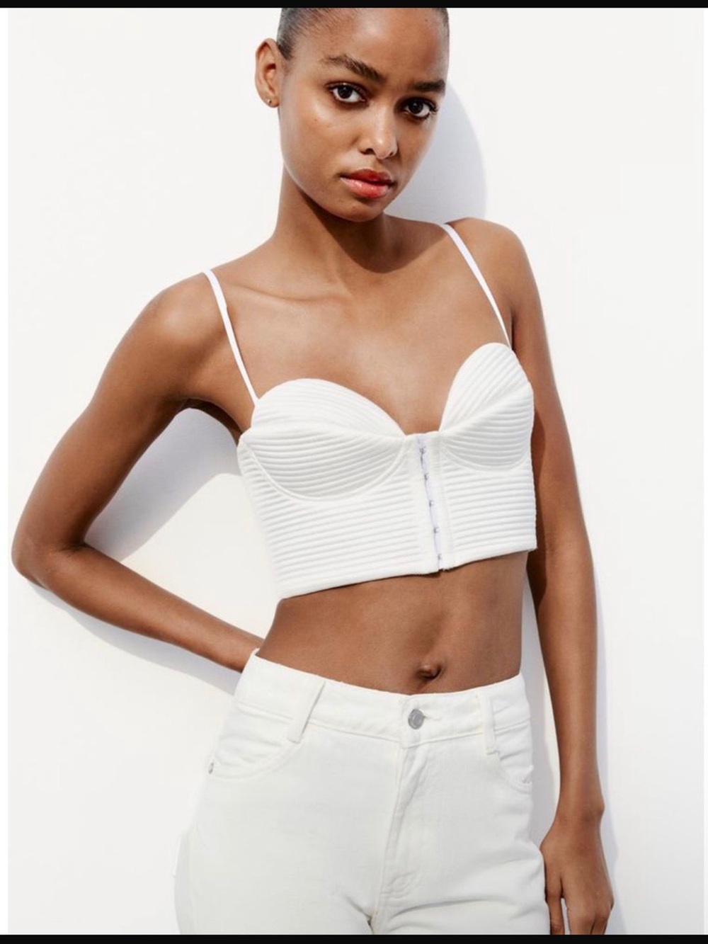Zara White Ribbed Bustier Crop Top with Front Hooks